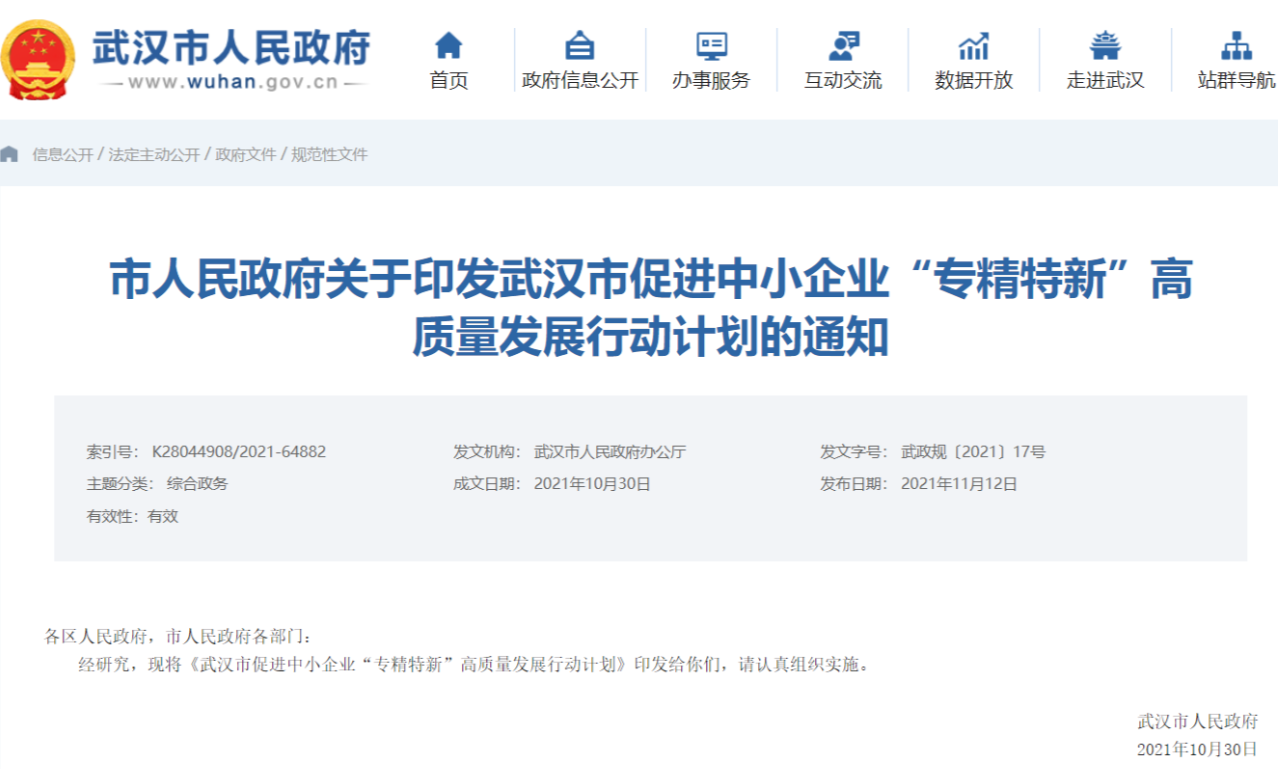 武汉市市人民政府关于印发武汉市促进中小企业“专精特新”高质量发展行动计划的通知