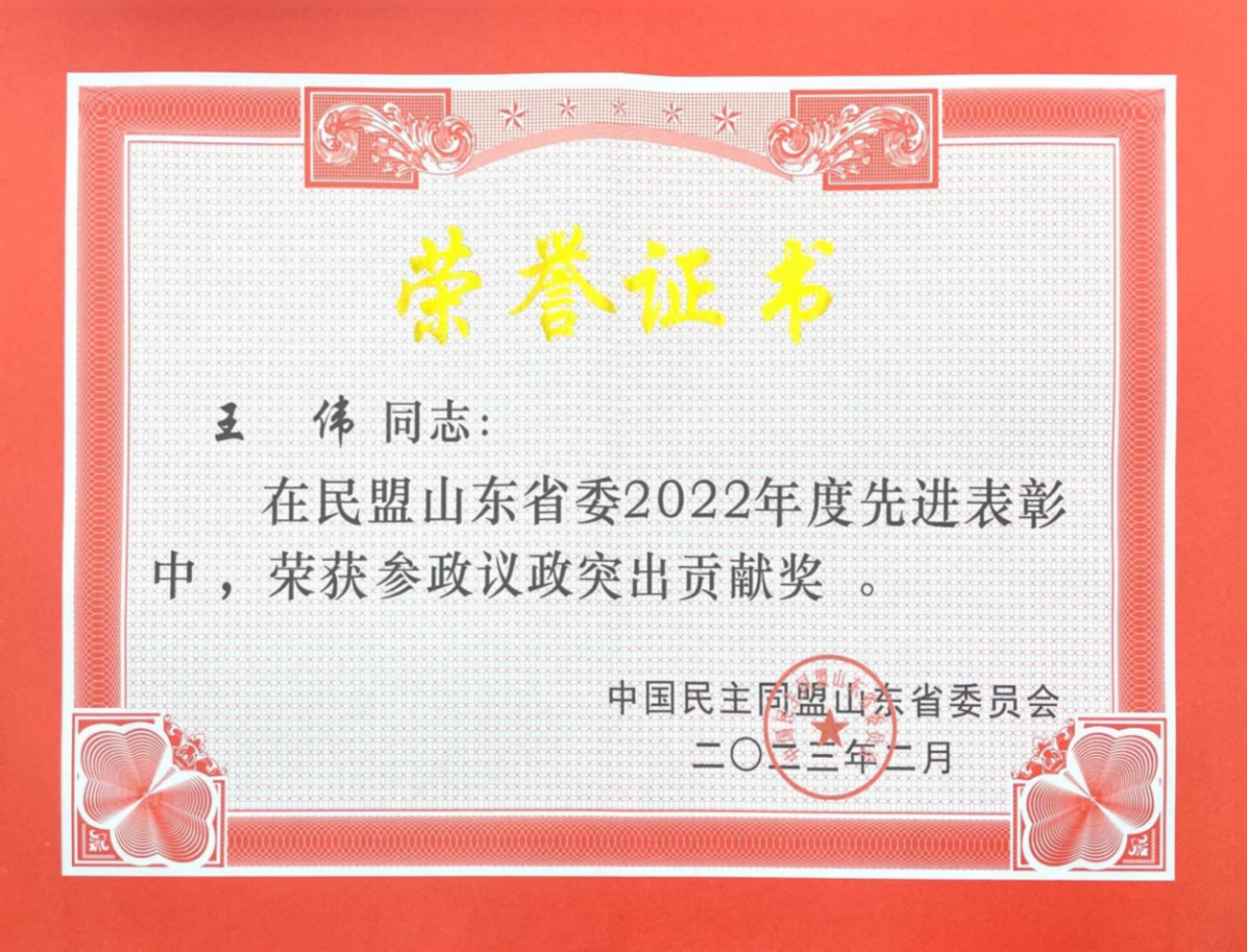 道可特济南办公室管委会主任、高级合伙人王伟荣誉证书