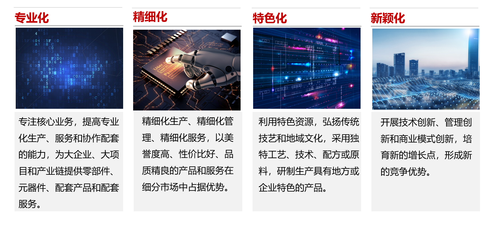 按照工信部的定义，“专精特新”即专业化、精细化、特色化、新颖化